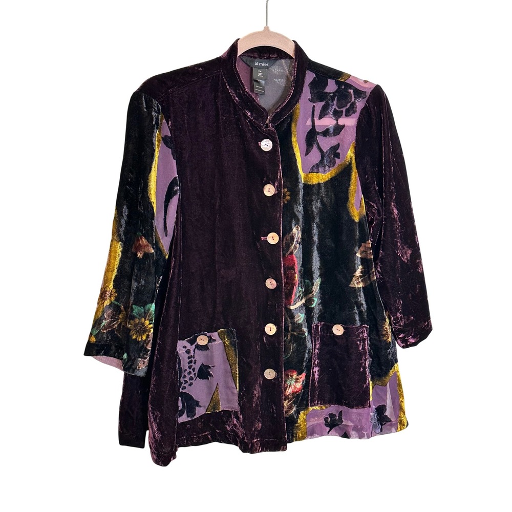 Ali Miles Lightweight Topper Jacket Size PM Purple Velvet Burnout Floral Artsy